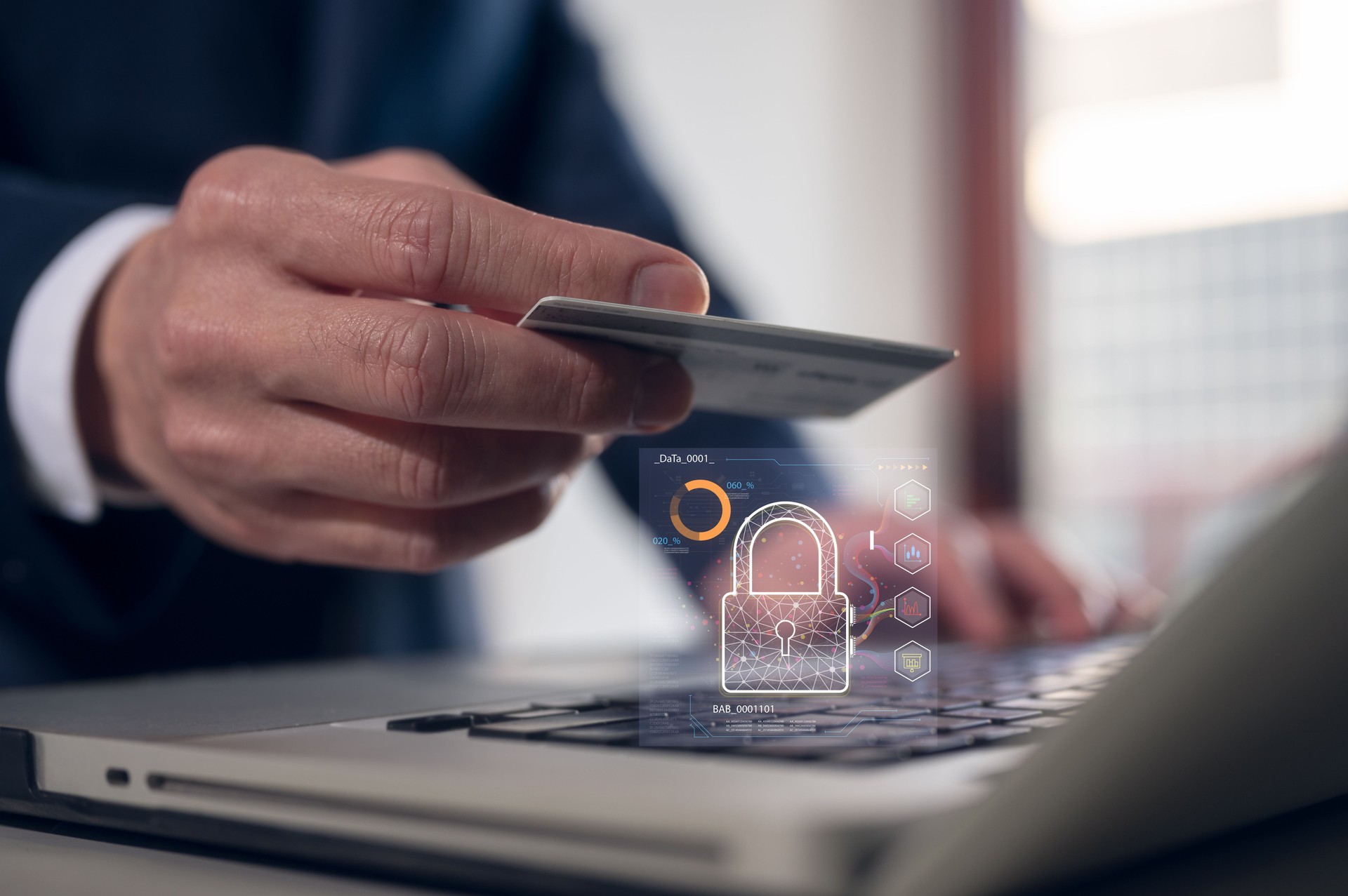 businessman use computer laptop holding credit card. information security system concept Electronic Data Protect, Cybersecurity privacy protect data.lock icon and internet network security technology